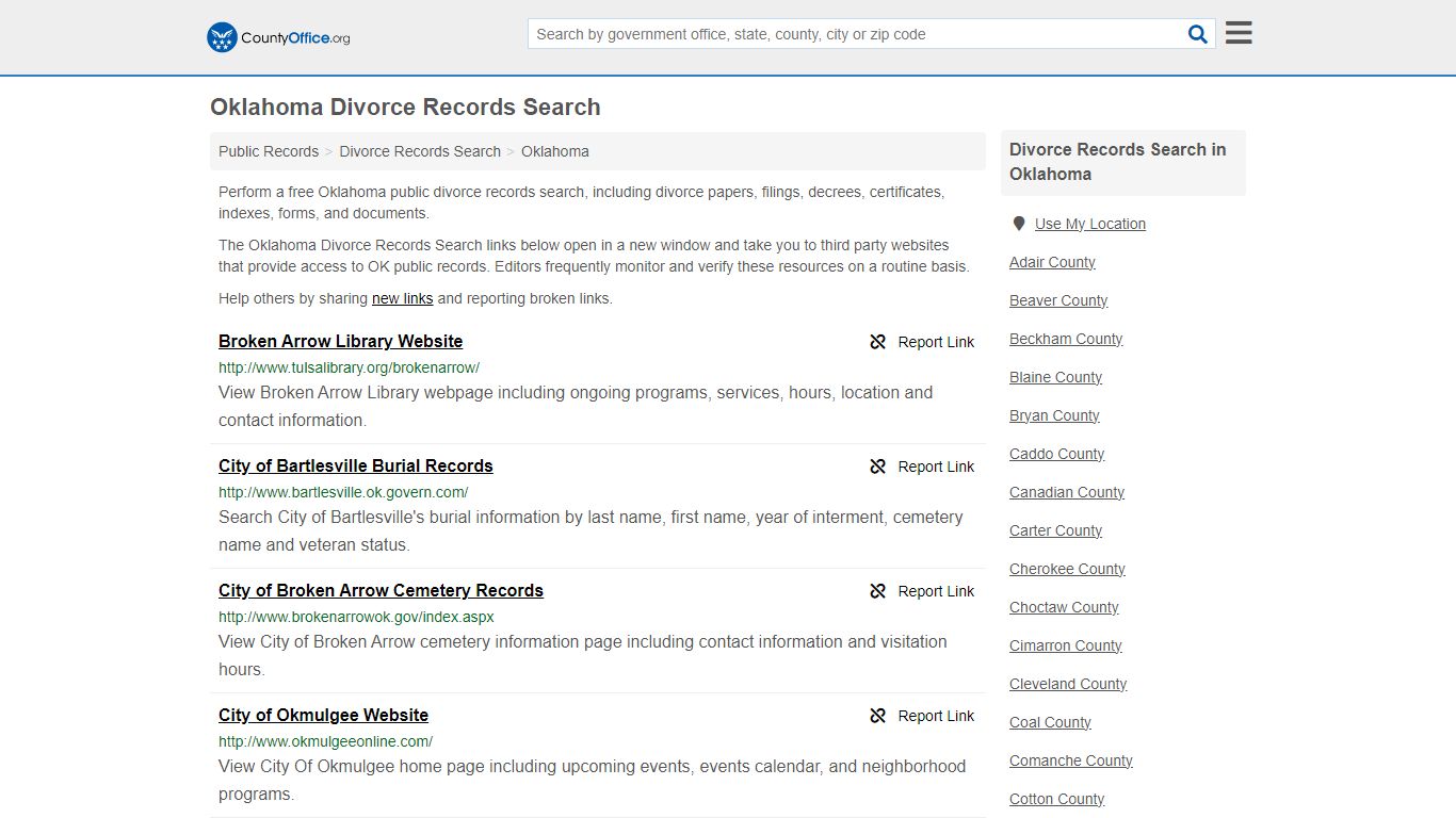 Oklahoma Divorce Records Search - County Office