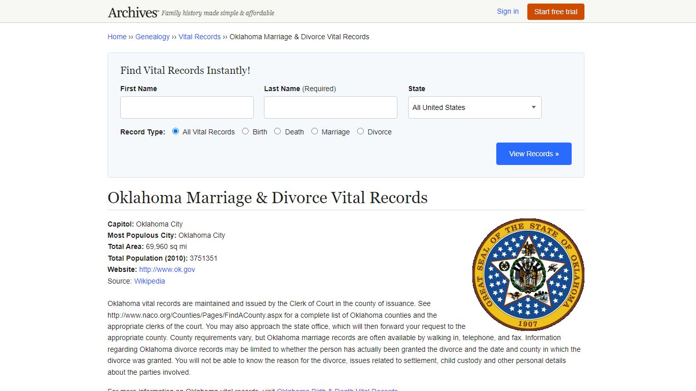 Oklahoma Marriage & Divorce Vital Records - Archives.com