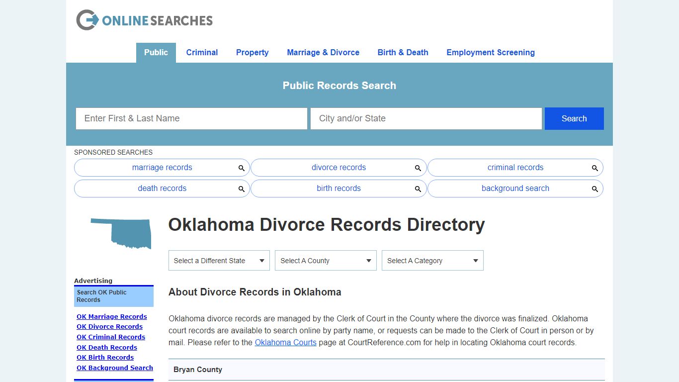 Oklahoma Divorce Records Search Directory - OnlineSearches.com